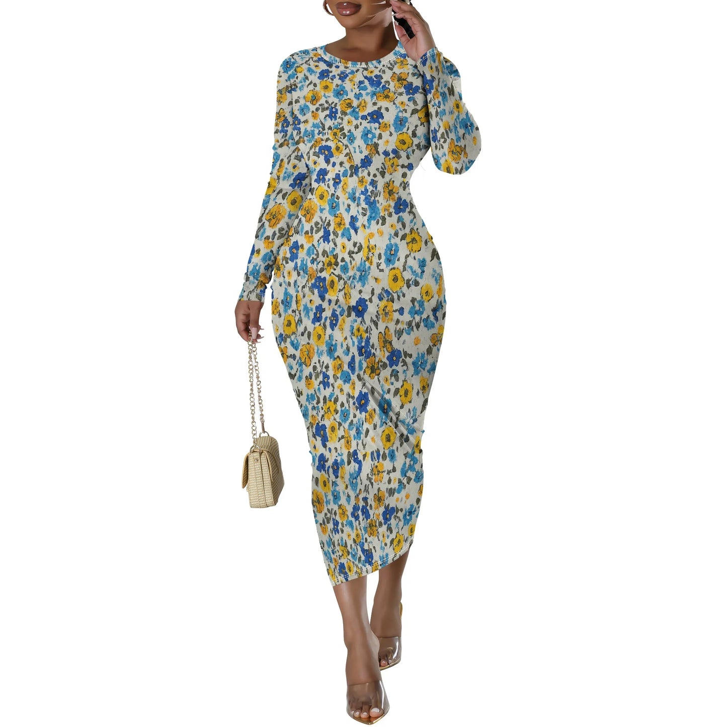 Women's Casual Basic Pencil Dress Sexy Long Sleeve Bodycon Midi Club Dress