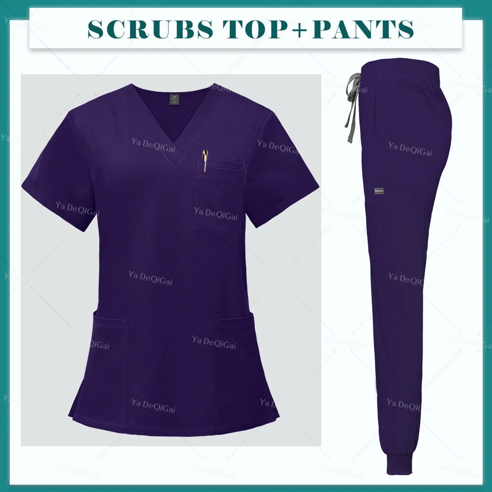 Multicolour Jogger Suits Doctor Nursing Uniforms Short Sleeve V-neck Tops Pocket Pants Nurse Scrubs Set Medical Clinical Clothes