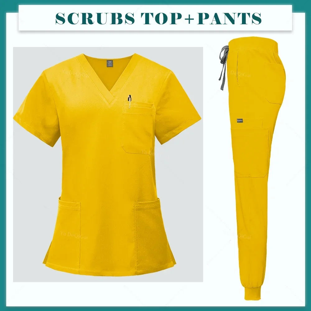 Multicolour Jogger Suits Doctor Nursing Uniforms Short Sleeve V-neck Tops Pocket Pants Nurse Scrubs Set Medical Clinical Clothes