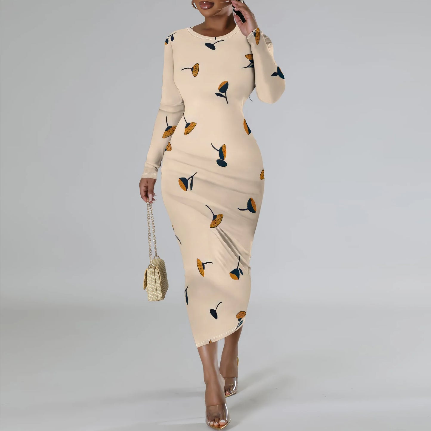 Women's Casual Basic Pencil Dress Sexy Long Sleeve Bodycon Midi Club Dress