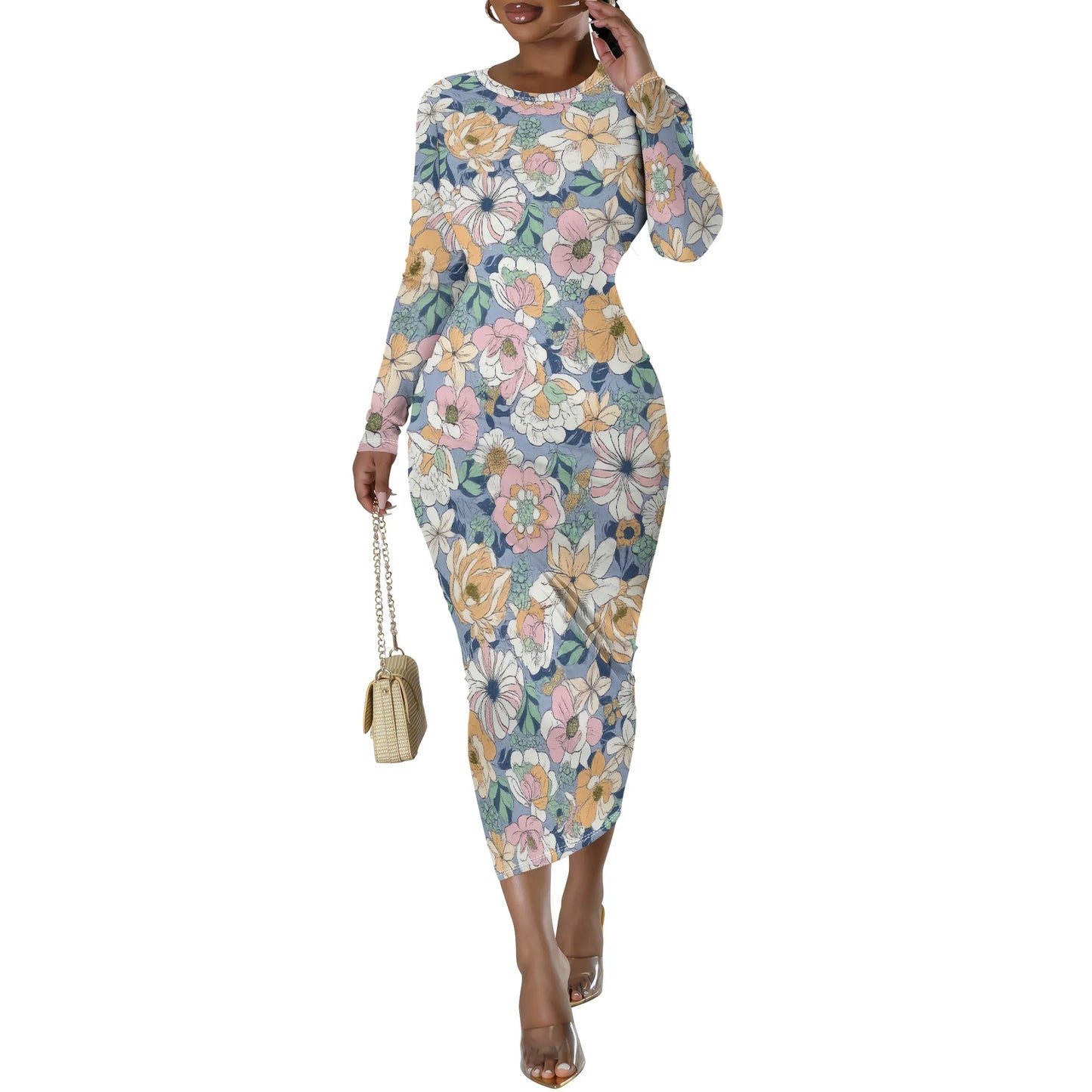 Women's Casual Basic Pencil Dress Sexy Long Sleeve Bodycon Midi Club Dress