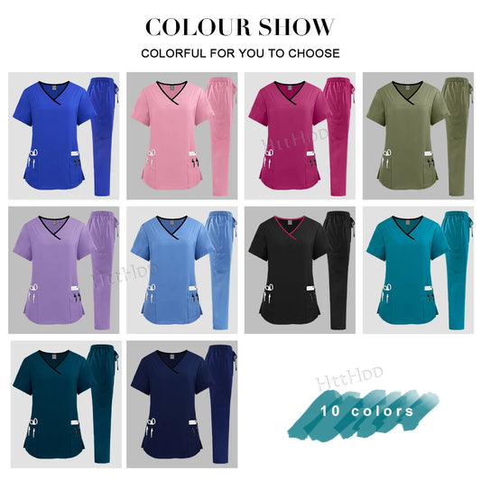 Nurse Uniform Medical Beauty SPA Uniform Dental Scrub Nursing Healthcare Scrubs Set Women Surgical Gown Top+pants Suit Wholesale