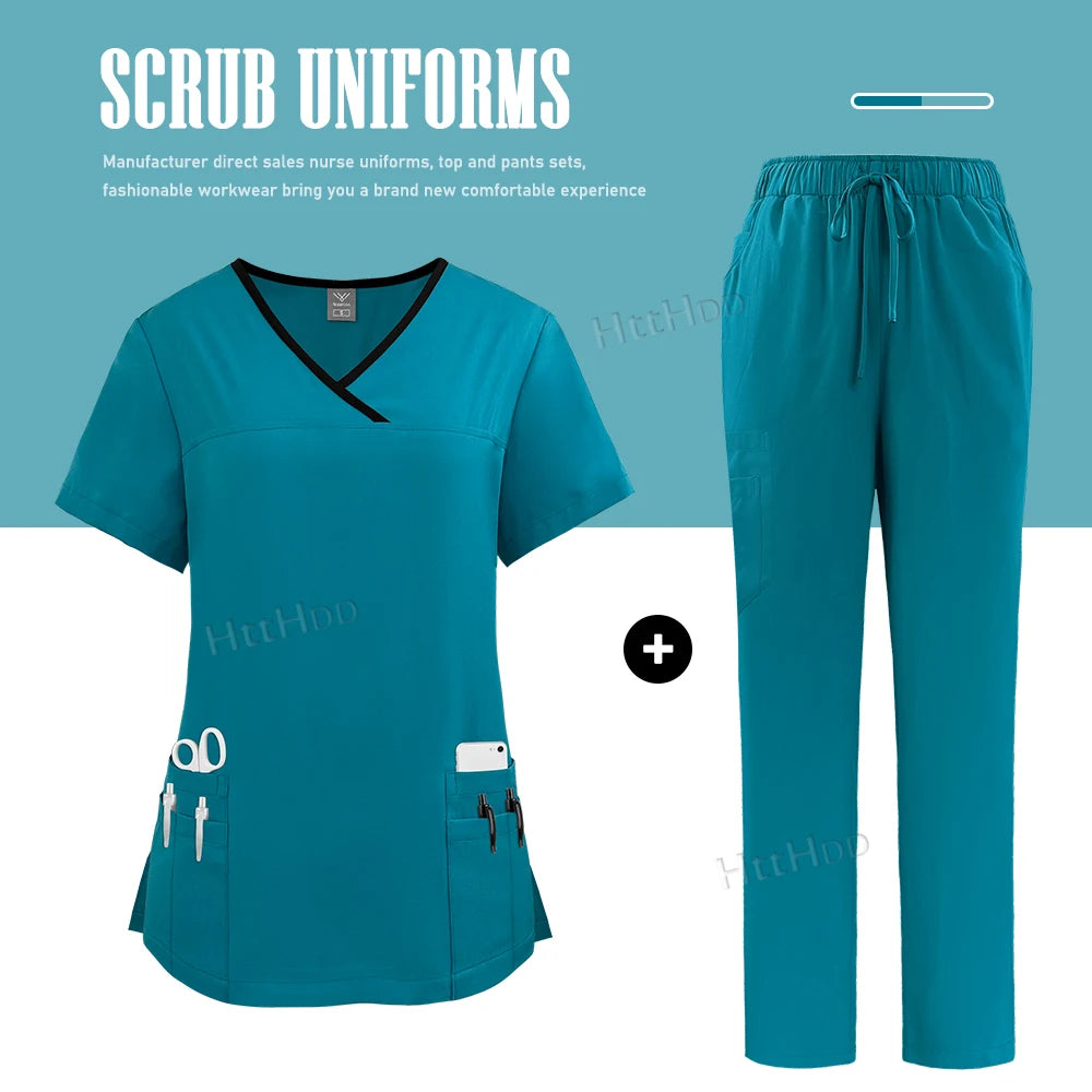Nurse Uniform Medical Beauty SPA Uniform Dental Scrub Nursing Healthcare Scrubs Set Women Surgical Gown Top+pants Suit Wholesale