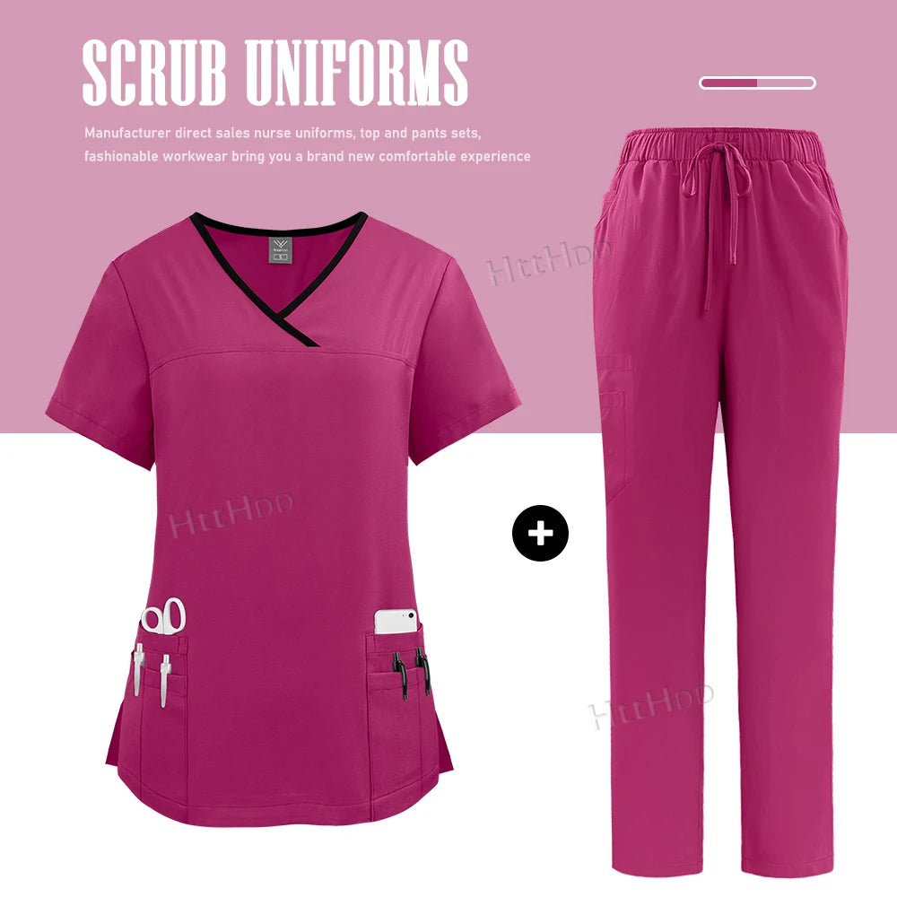 Nurse Uniform Medical Beauty SPA Uniform Dental Scrub Nursing Healthcare Scrubs Set Women Surgical Gown Top+pants Suit Wholesale