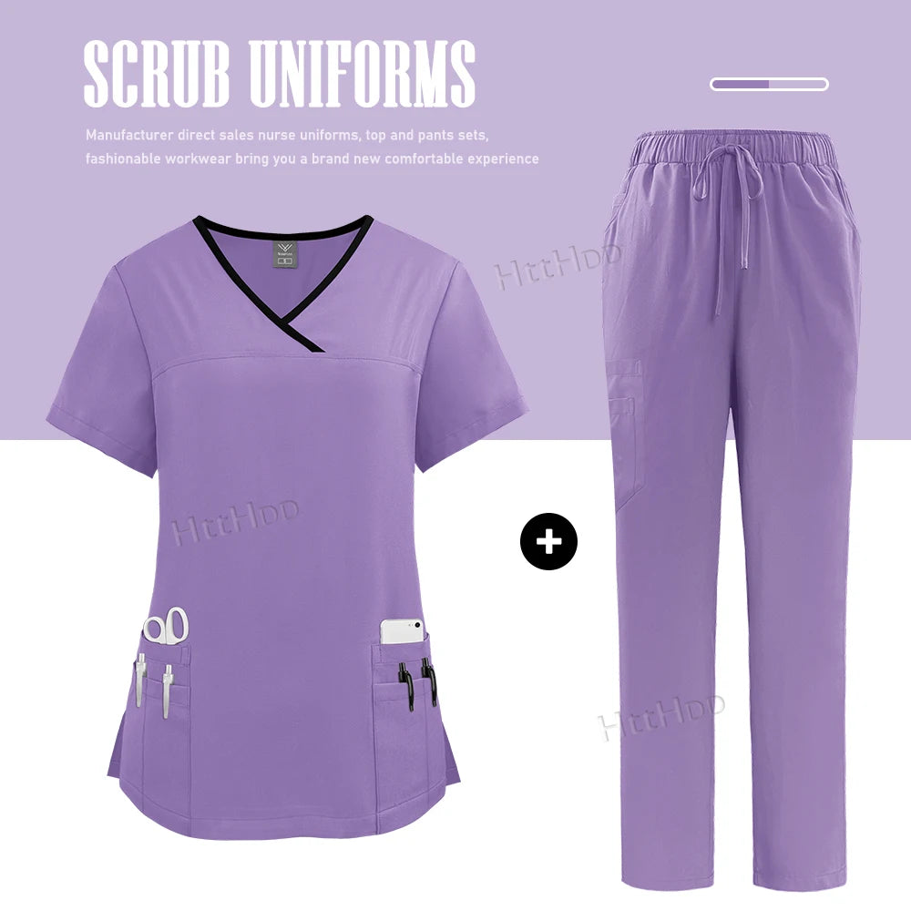 Nurse Uniform Medical Beauty SPA Uniform Dental Scrub Nursing Healthcare Scrubs Set Women Surgical Gown Top+pants Suit Wholesale