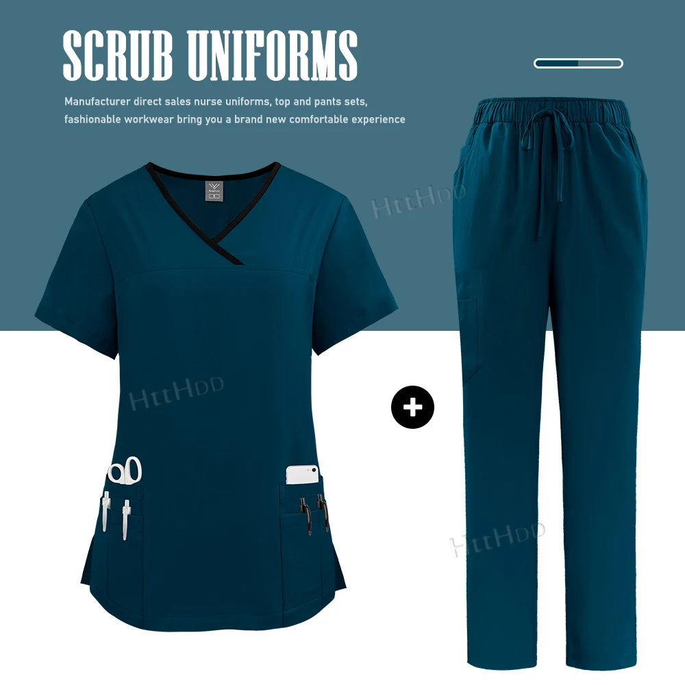 Nurse Uniform Medical Beauty SPA Uniform Dental Scrub Nursing Healthcare Scrubs Set Women Surgical Gown Top+pants Suit Wholesale