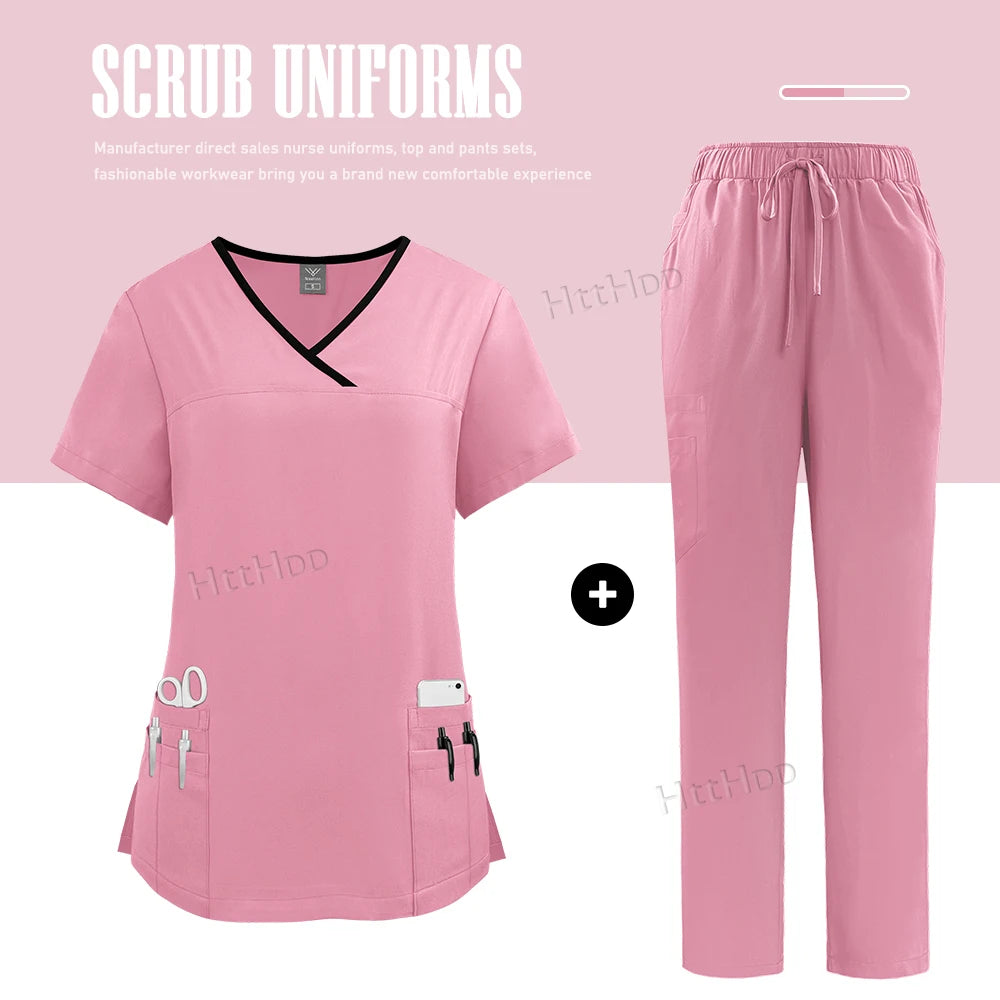 Nurse Uniform Medical Beauty SPA Uniform Dental Scrub Nursing Healthcare Scrubs Set Women Surgical Gown Top+pants Suit Wholesale