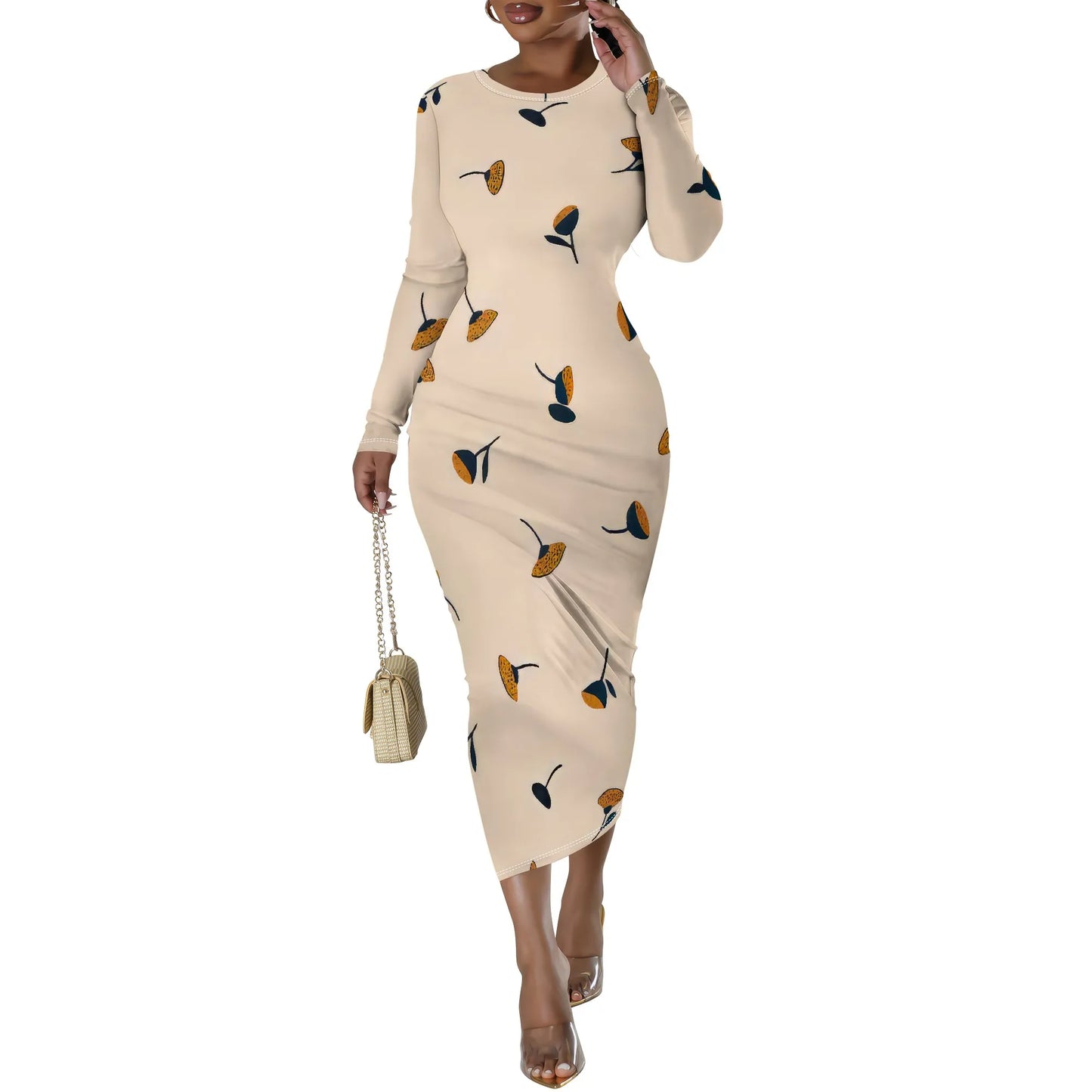 Women's Casual Basic Pencil Dress Sexy Long Sleeve Bodycon Midi Club Dress
