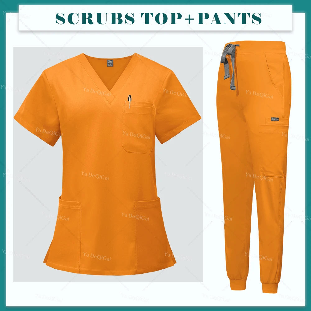 Multicolour Jogger Suits Doctor Nursing Uniforms Short Sleeve V-neck Tops Pocket Pants Nurse Scrubs Set Medical Clinical Clothes