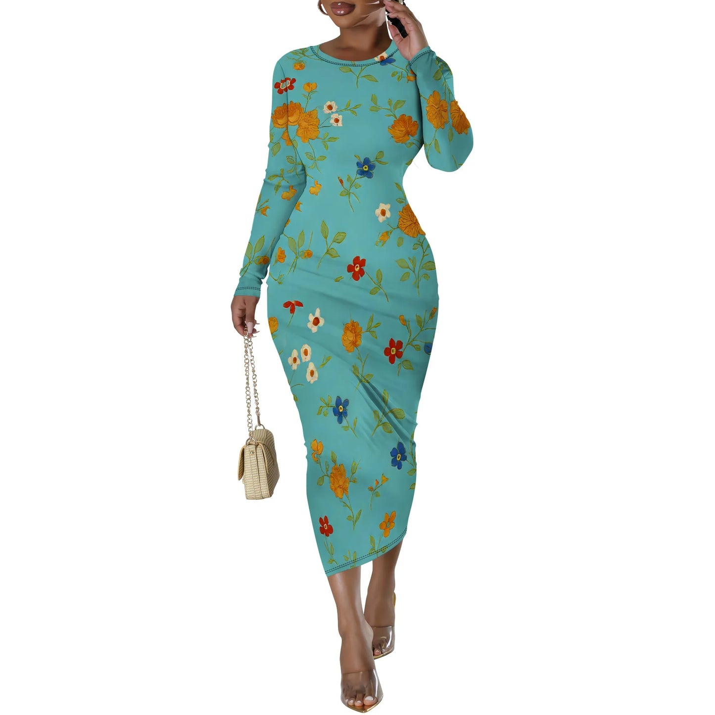 Women's Casual Basic Pencil Dress Sexy Long Sleeve Bodycon Midi Club Dress