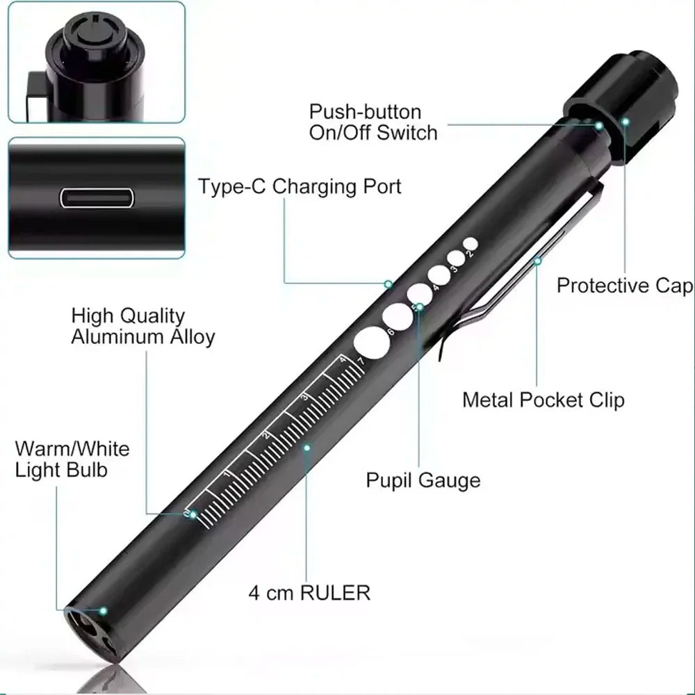 USB Rechargeable Medical Handy Pen Light Mini Nursing Flashlight LED Torch Lamp With Stainless Steel Clip Pocket Led Flashlight