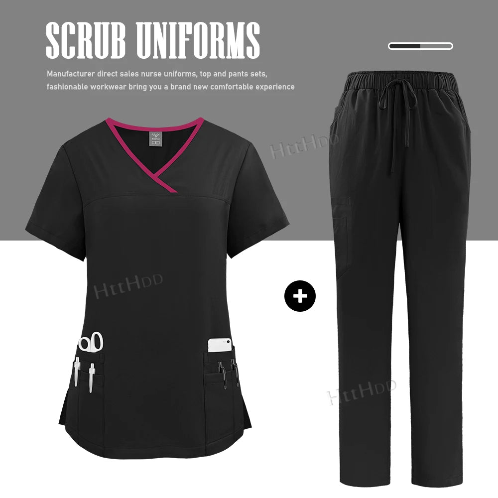 Nurse Uniform Medical Beauty SPA Uniform Dental Scrub Nursing Healthcare Scrubs Set Women Surgical Gown Top+pants Suit Wholesale