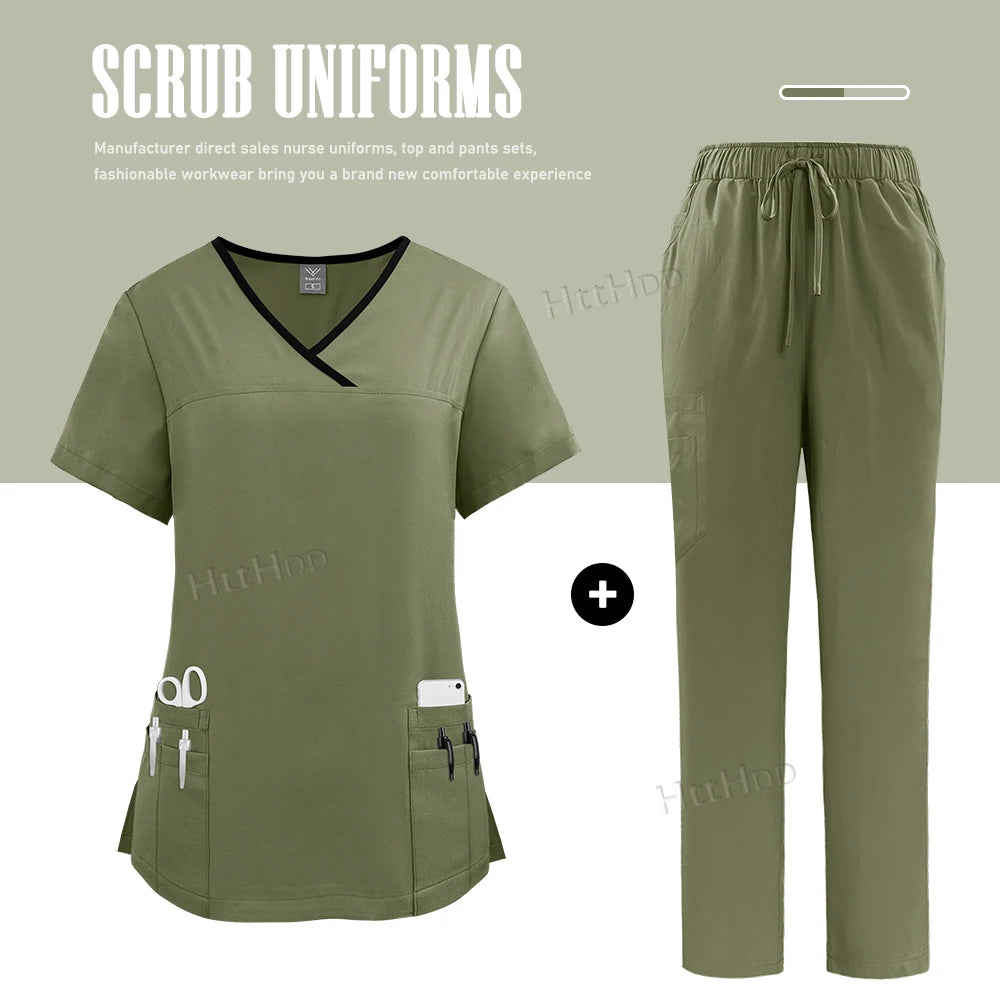 Nurse Uniform Medical Beauty SPA Uniform Dental Scrub Nursing Healthcare Scrubs Set Women Surgical Gown Top+pants Suit Wholesale