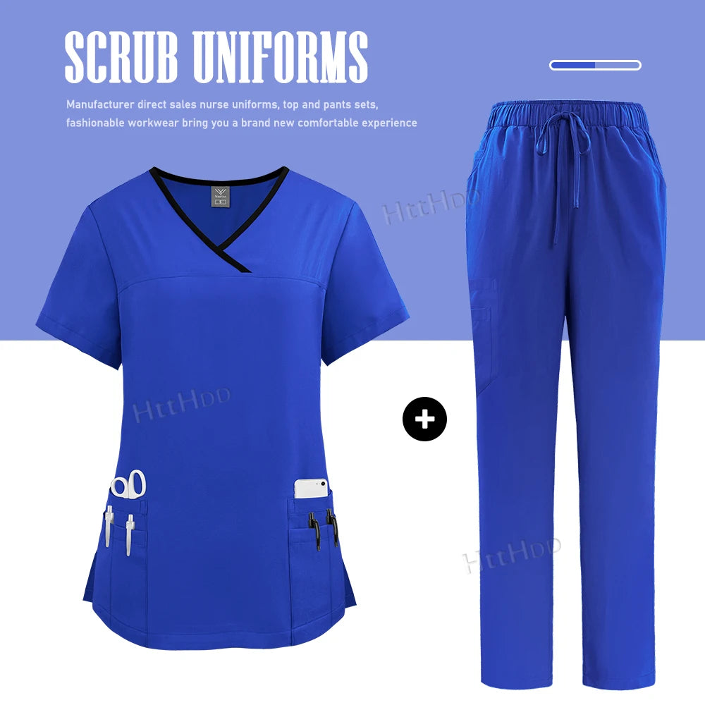Nurse Uniform Medical Beauty SPA Uniform Dental Scrub Nursing Healthcare Scrubs Set Women Surgical Gown Top+pants Suit Wholesale