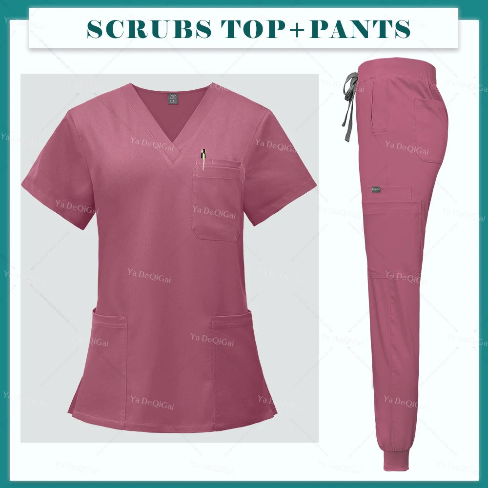 Multicolour Jogger Suits Doctor Nursing Uniforms Short Sleeve V-neck Tops Pocket Pants Nurse Scrubs Set Medical Clinical Clothes
