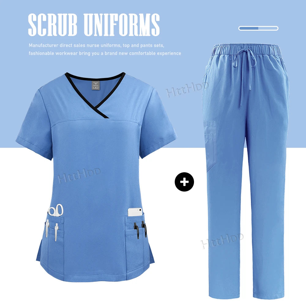 Nurse Uniform Medical Beauty SPA Uniform Dental Scrub Nursing Healthcare Scrubs Set Women Surgical Gown Top+pants Suit Wholesale